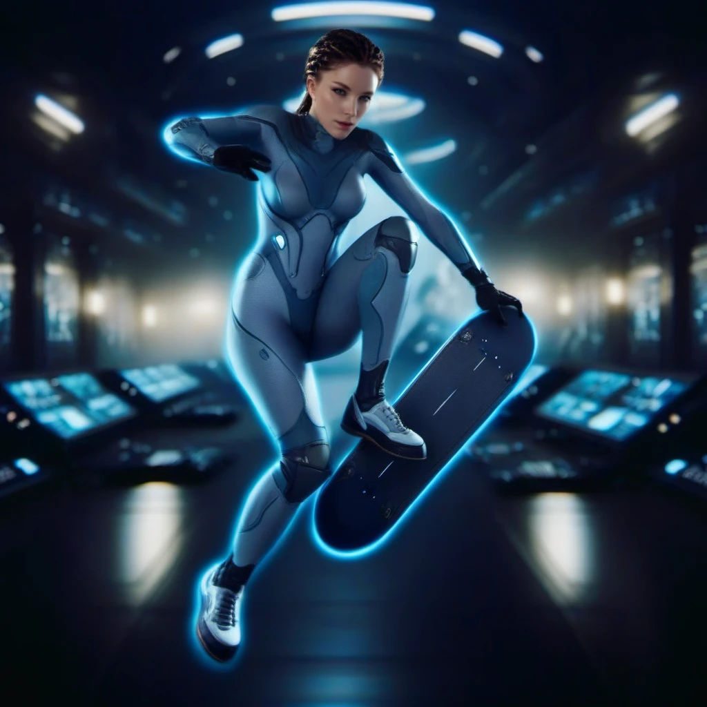 cinematic photo a woman in an armored bodysuit, skateboarding, spaceship background <lora:SarahKerrigan1024:0.8> . 35mm photograph, film, bokeh, professional, 4k, highly detailed