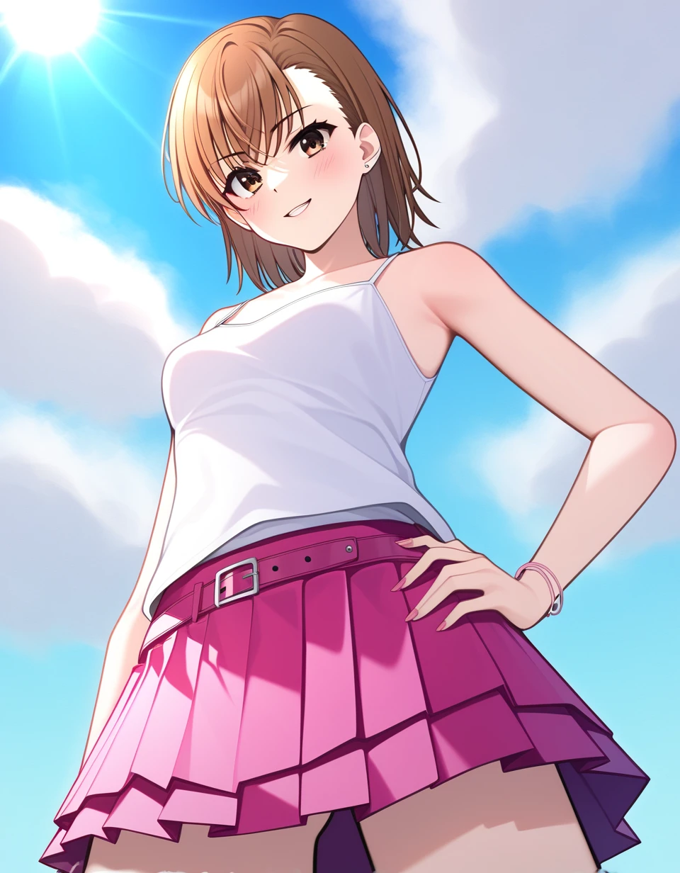 1 girl , hot pink skirt, <lora:hadeshockpinksk_sdxl_0001:0.9>, hadeshockpinksk, ( misaka mikoto ) , medeum hair , ( solo ) , anime , master piece , ultra-detailed, 4k , standing, look straight at viewer , short  skirt ,  clothes , leather  jumper  skirt, BREAK , white camisole  ,  , blue sky  , slightly low angle shot