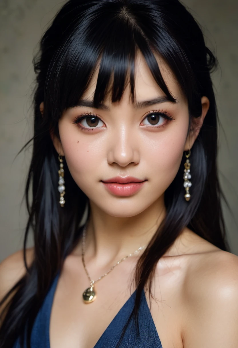 a beautifu Japanese girl, mole, solo, jewelry, long hair, earrings, necklace, realistic, mole under eye, black hair, looking at viewer, black eyes, smile, bangs, lips, closed mouth, portra
fashion editorial, photorealistic, highly detailed, cinemascope, moody, epic, gorgeous, film grain