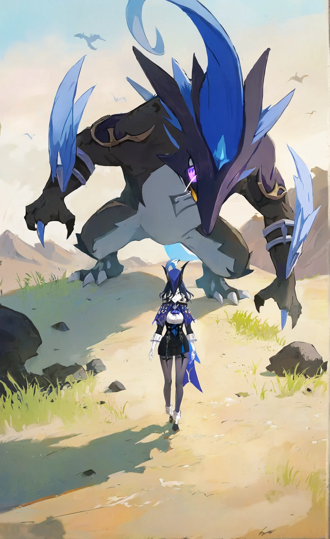 8k, best quality, masterpiece, (ultra-detailed),
<lora:keluo-A3-Tanger:0.8>, 1 Geovishap and 1 Clorinde, Clorinde, def clothes, small Geovishap, black skin monster, outdoors, pokemon (creature) grass, 1girl,
looking at viewer,
full_shot, epic level picture, film lens, oil_painting, super high detail, beauty and the beast, desert, rock, sandstorm, boundless,