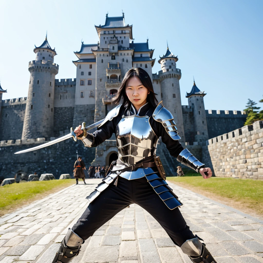 Full image of black hair Asian FEMALE WARRIORin shiny ARMOR swinging sword in murderous rage , detailed skin, wearing jewellery, masterpiece, in front of a huge castle, extremely detailed, sunny day, best quality, High quality glamour in Random, random location, random clothing,  ultra HQ professional realism photography, DSLR travel photo at Thumbnail for Okazaki Castle