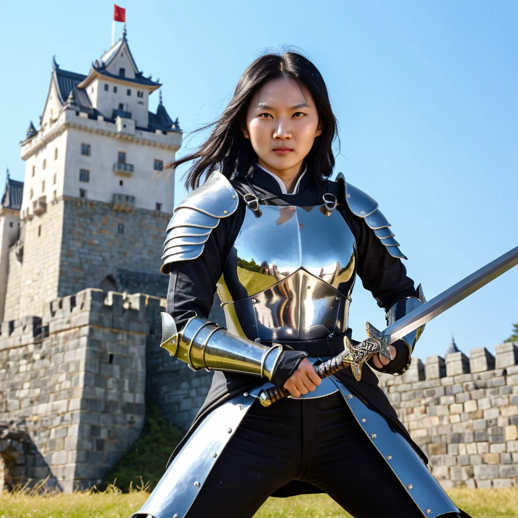 Full image of black hair Asian FEMALE WARRIORin shiny ARMOR swinging sword in murderous rage , detailed skin, wearing jewellery, masterpiece, in front of a huge castle, extremely detailed, sunny day, best quality, High quality glamour in Random, random location, random clothing,  ultra HQ professional realism photography, DSLR travel photo at Thumbnail for Okazaki Castle