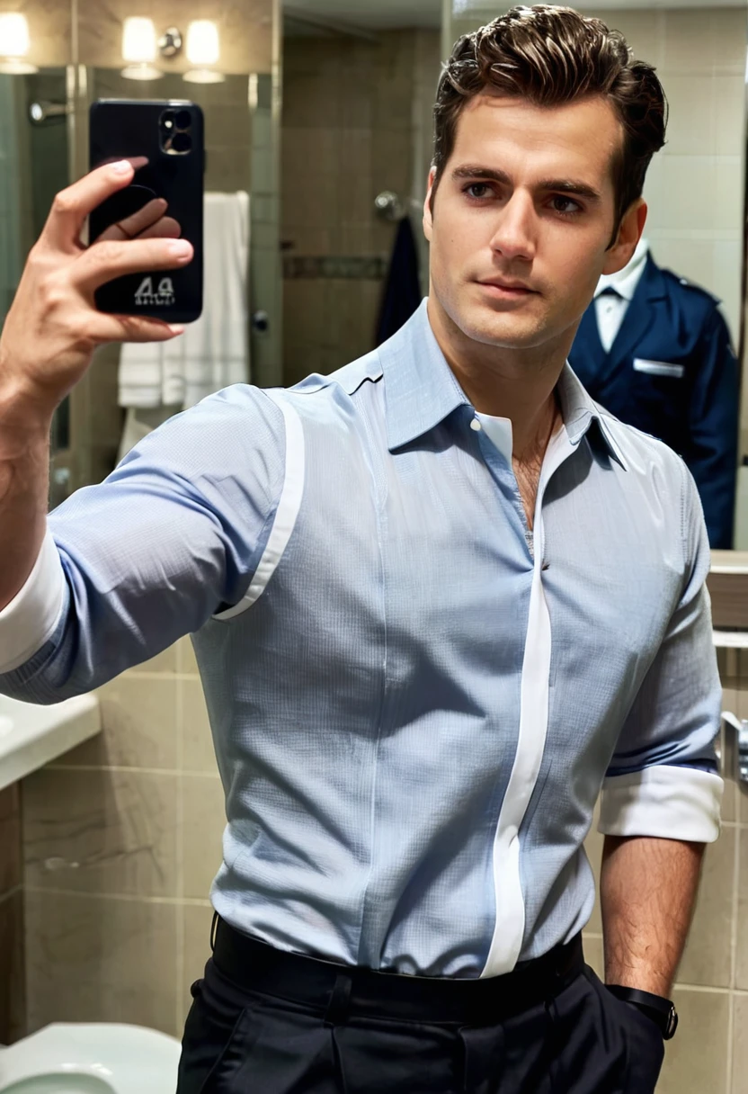Hyperrealistic art half body photo of h3nr4 a man, medium hair, (taking mirror selfie:1.3), wearing a dress shirt, uniform pants,(depth of field:1.1), at the bathroom,  <lora:Henry_Cavill_JugX_trigger_h3nr4:1> . Extremely high-resolution details, photographic, realism pushed to extreme, fine texture, incredibly lifelike