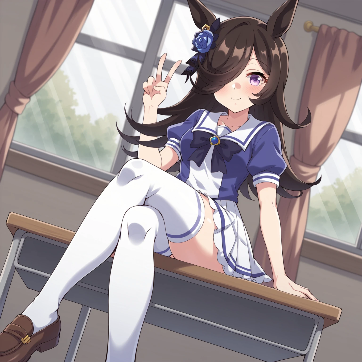 Asagumo KC, (white) shirt, (suspenders) skirt, (hair) ribbon, (pleats) skirt, (gray) skirt, (black) Thighhighs, shoes, twin tails, arm warmers, 1 girl,茶hair