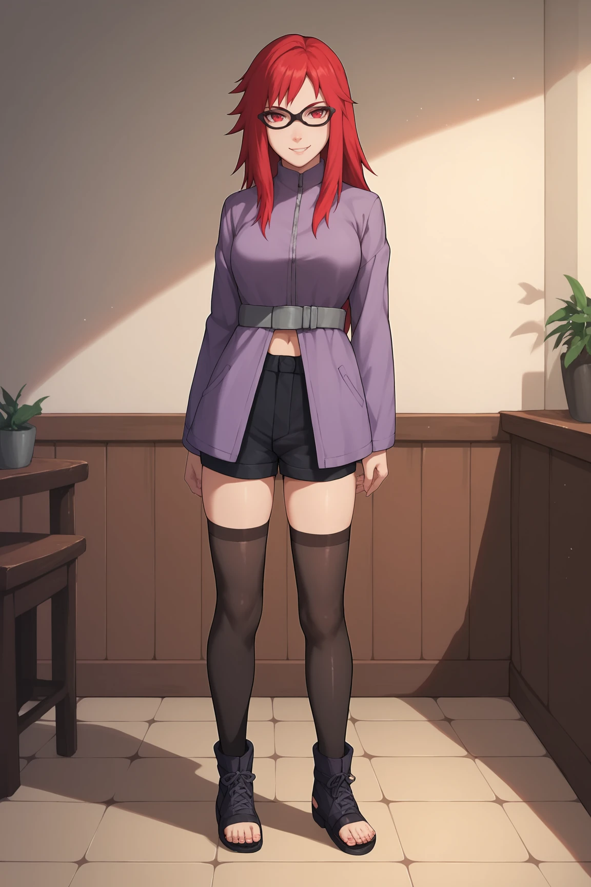 score_9, score_8_up, score_7_up, score_6_up, score_5_up, score_4_up, KarinUzumakiSXL, black glasses, red eyes, red hair, two-tone hair, long hair, sidelocks, medium breasts, purple jacket, grey belt, black shorts, black thighhighs, black footwear, toeless footwear, (solo), standing, seductive smile, looking at viewer, indoors <lora:KarinUzumakiSXL:0.8>