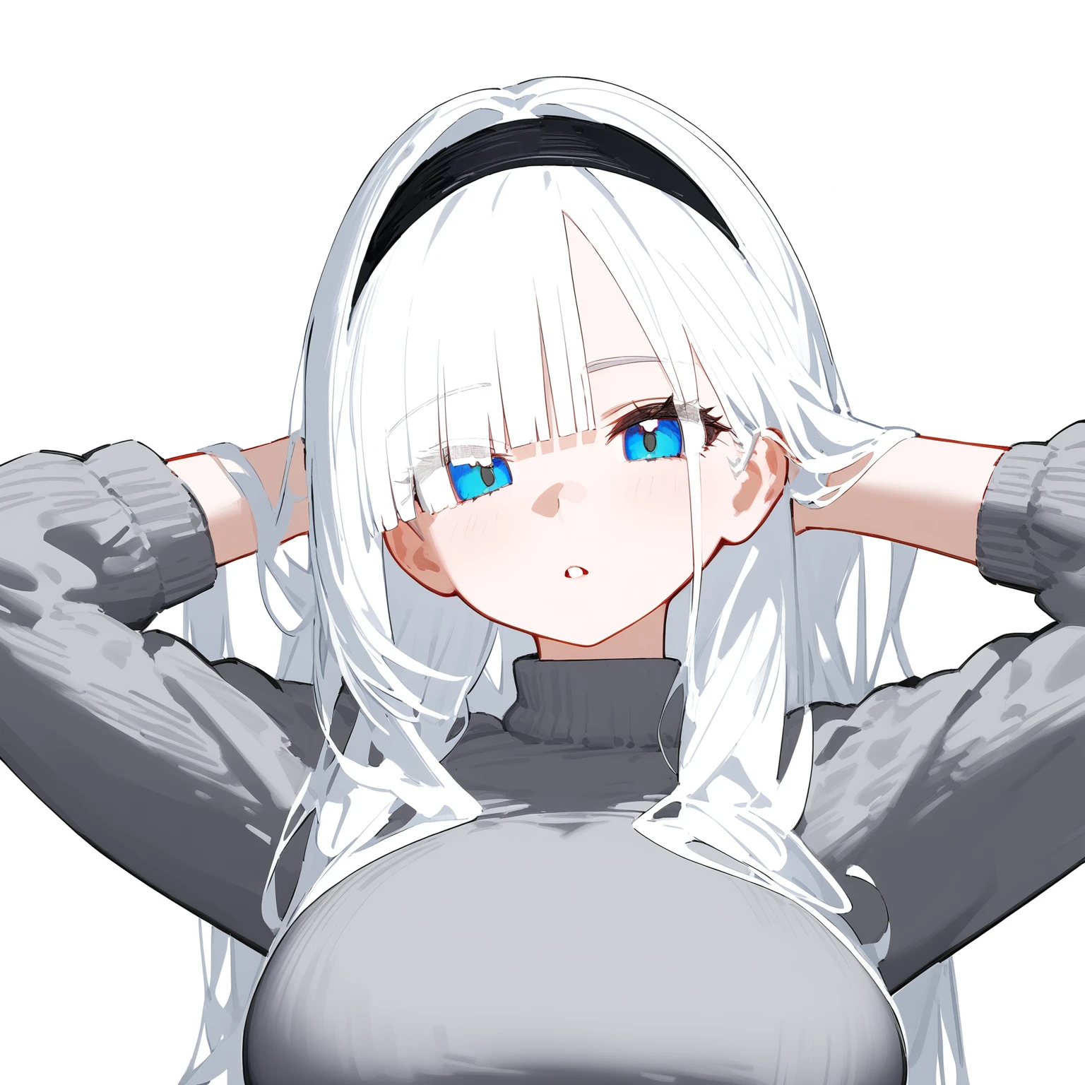 1girl,
solo, pseudo impasto, best quality, beautiful, white background, simple background, upper body, looking at viewer, parted lips, blue eyes, eyebrows visible through hair, long hair, white hair, black hairband, bangs, large breasts, turtleneck sweater, grey sweater, long sleeves, arms up, arms behind head
masterpiece,newest,absurdres,safe,
<lora:CoAi_nai3style_kxl_eps:1>,hxtstyle5,