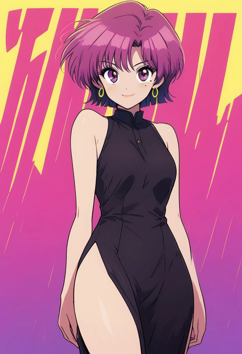 score_9, score_8_up, score_8, medium breasts, (curvy), cute, eyelashes,       
BREAK, 
zzBazett, short hair, purple eyes, purple hair, mole under eye,
breasts, looking at viewer, blush, smile, bangs, dress, bare shoulders, jewelry, medium breasts, very long hair, closed mouth, standing, cowboy shot, earrings, sleeveless, black dress, bare legs, sleeveless dress, side slit, hoop earrings, text, text in background,
zPDXL,