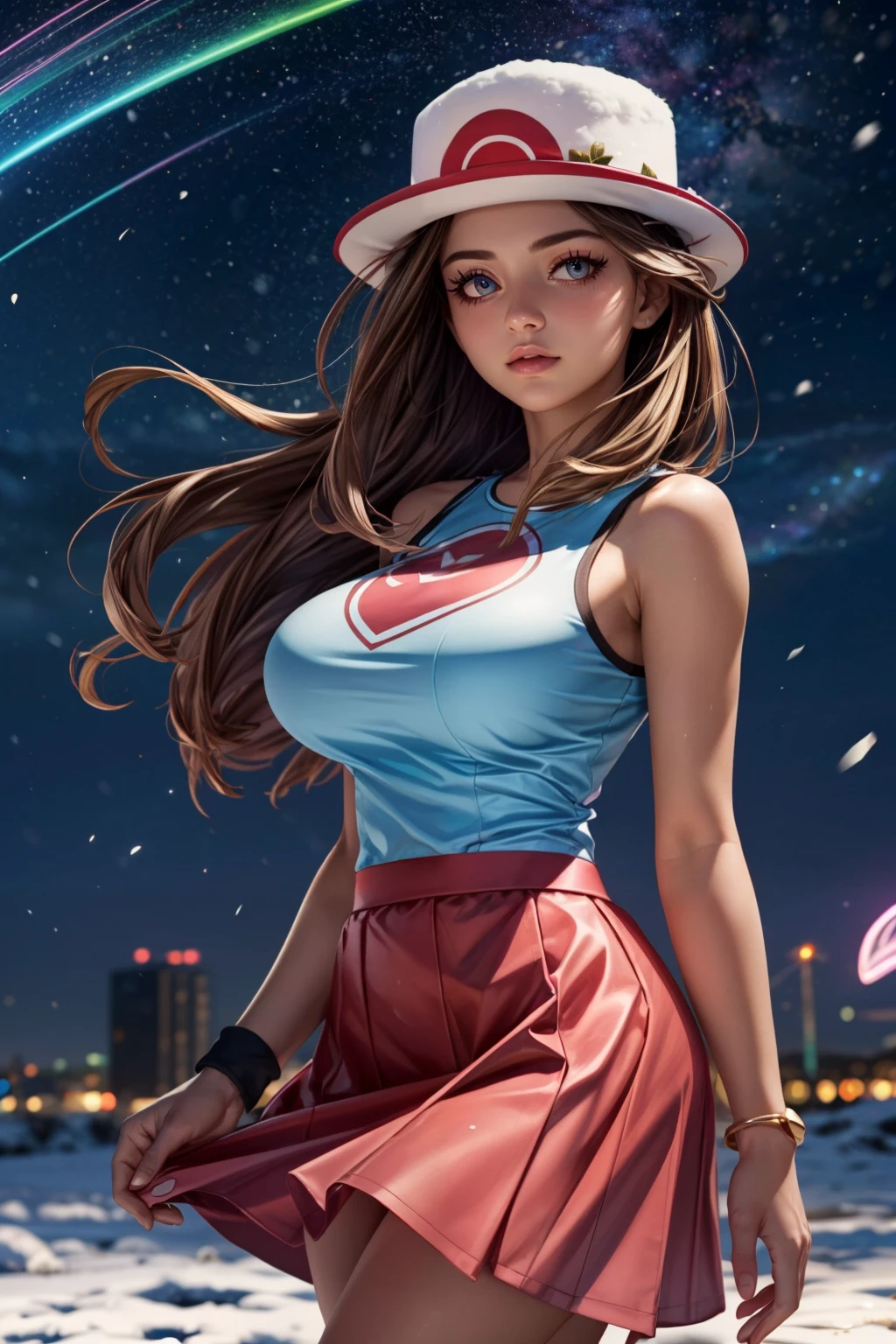 (ultra realistic,32k, masterpiece:1.2),(high detailed skin:1.1),( high quality:1.1), <lora:IllyasvielVonEinzbern_v1:0.7>, zzIllya, looking at viewer, night, outdoors, snowing, sky, BREAK, <lora:LeafPokemon_SD:0.8>, zzleaf, brown eyes, brown hair, long hair, hat, long hair, blue shirt, sleeveless, wristband, red skirt, blue socks, white footwear BREAK, blooming stars, luminescent petals, otherworldly fragrance blurry background, (looking at viewer, standing:1.1), huge breast, large breast, <lora:add_detail:0.92>, (glowwave:1.1),
