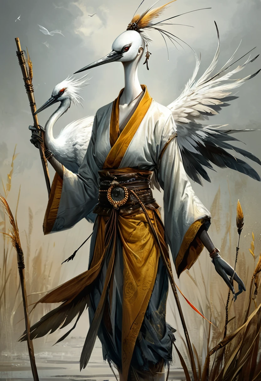 <lora:artfullyCRANEMONK_SDXL_v1:1>, artcrnmnk, character concept, illustration, crane master, monk, 
masterpiece, intricately detailed, best quality, highest resolution, normal fingers, 
dress, nature, bandages, belt, arm behind back, feathers, sarashi, jewelry, broom, dragonfly