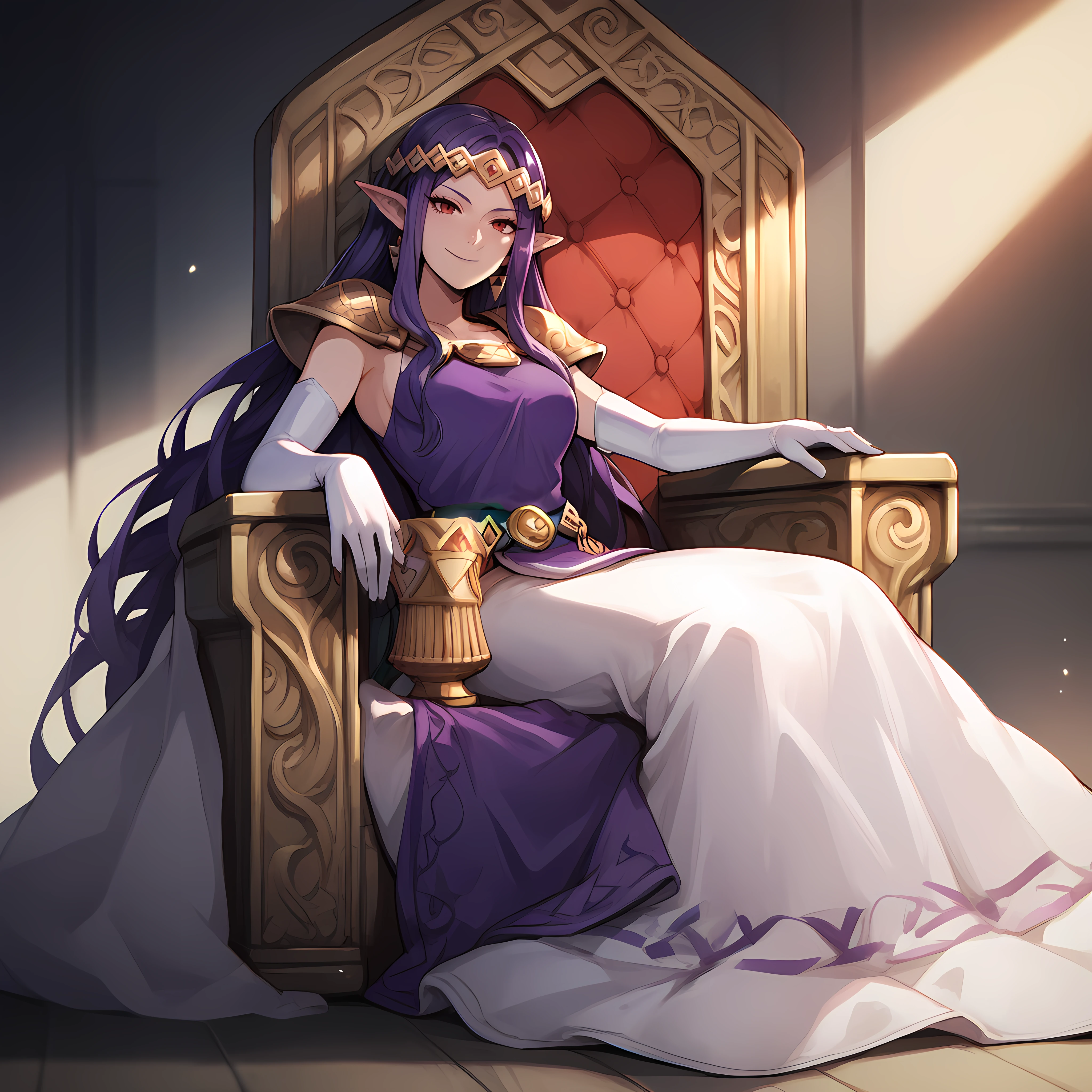 score_9,score_8_up,score_7_up,score_6_up,source_anime,rating_questionable, <lora:Princess_Hilda_-_Legend_of_Zelda:0.8>princesshilda_loz, pointy ears, long hair, purple hair, elbow gloves, dress, red eyes, lounging, smirk, throne, zPDXL2,