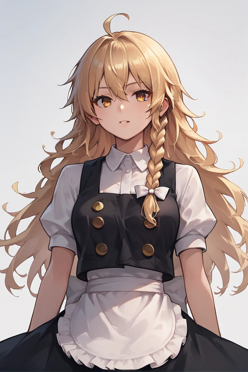 score_9, score_8_up, score_8, score_9, 1 girl, source_anime, <lora:kirisame_marisa_pony-10:0.8> kirisame marisa, yellow eyes, blonde hair, black vest, black skirt, waist apron, no headwear, white ribbon, single braid, ahoge, <lora:Smooth Style 2 SDXL_LoRA_Pony Diffusion V6 XL:0.8>