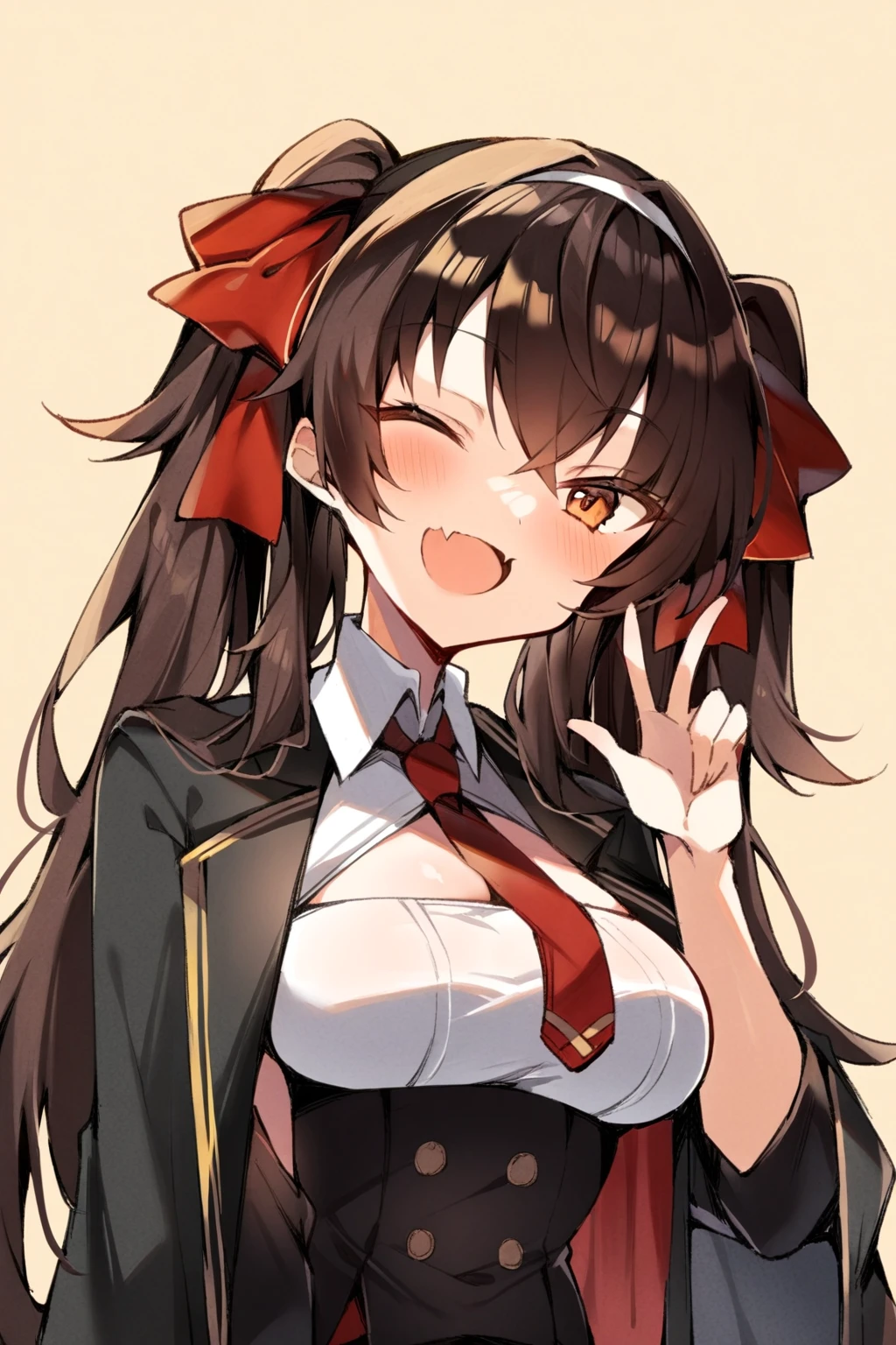 1girl, solo, type97, dark brown hair, amber eyes, twintails, long hair, red hair ribbon, black dress, black cloak, red necktie, skin fang, open mouth, smile, one eye closed, upper body, mature female, adult, <lora:Type97XL:0.9>