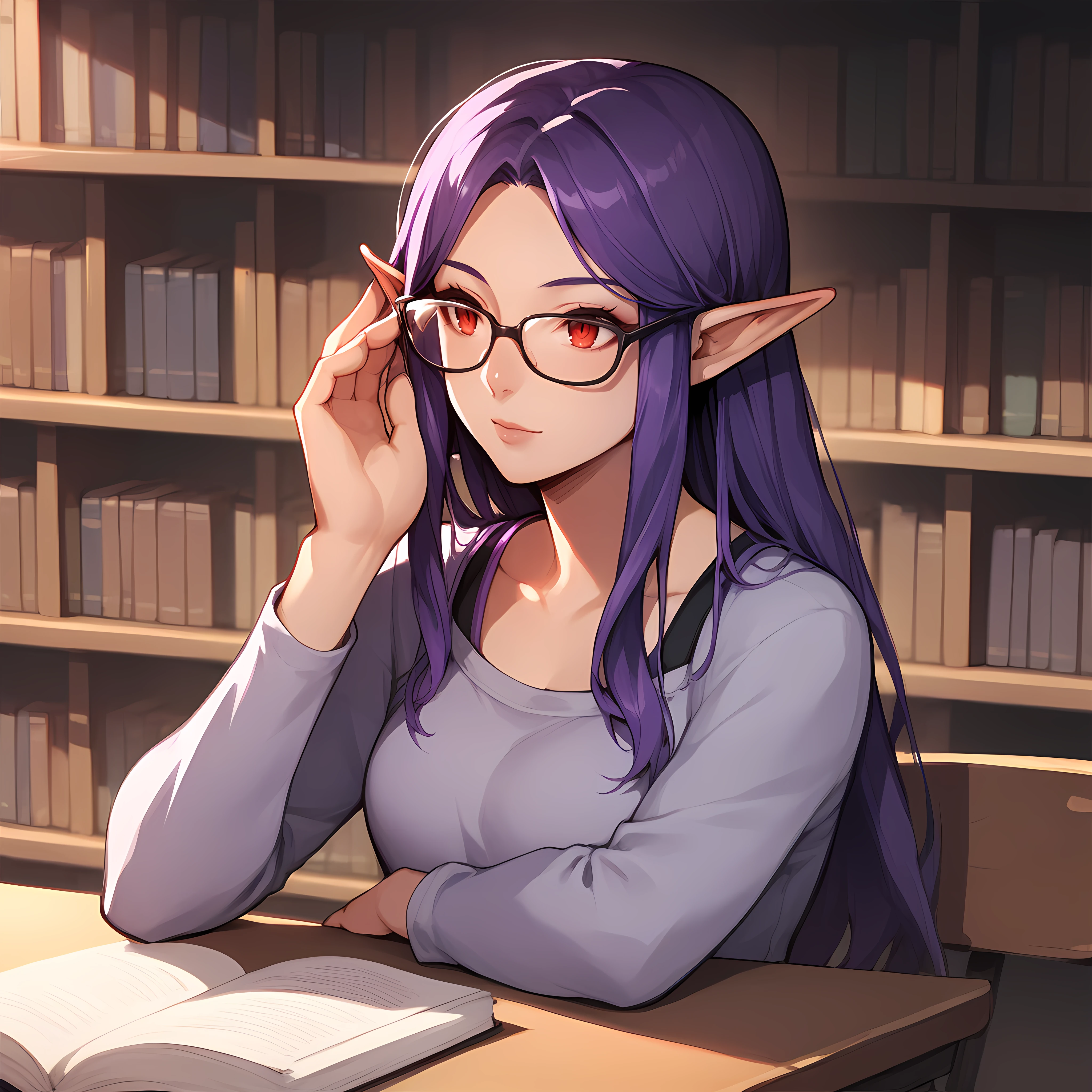 score_9,score_8_up,score_7_up,score_6_up,source_anime,rating_questionable,<lora:Princess_Hilda_-_Legend_of_Zelda:0.8>princesshilda_loz, pointy ears, long hair, purple hair, red eyes, casual clothes, glasses, library, at table, head on hands, zPDXL2,