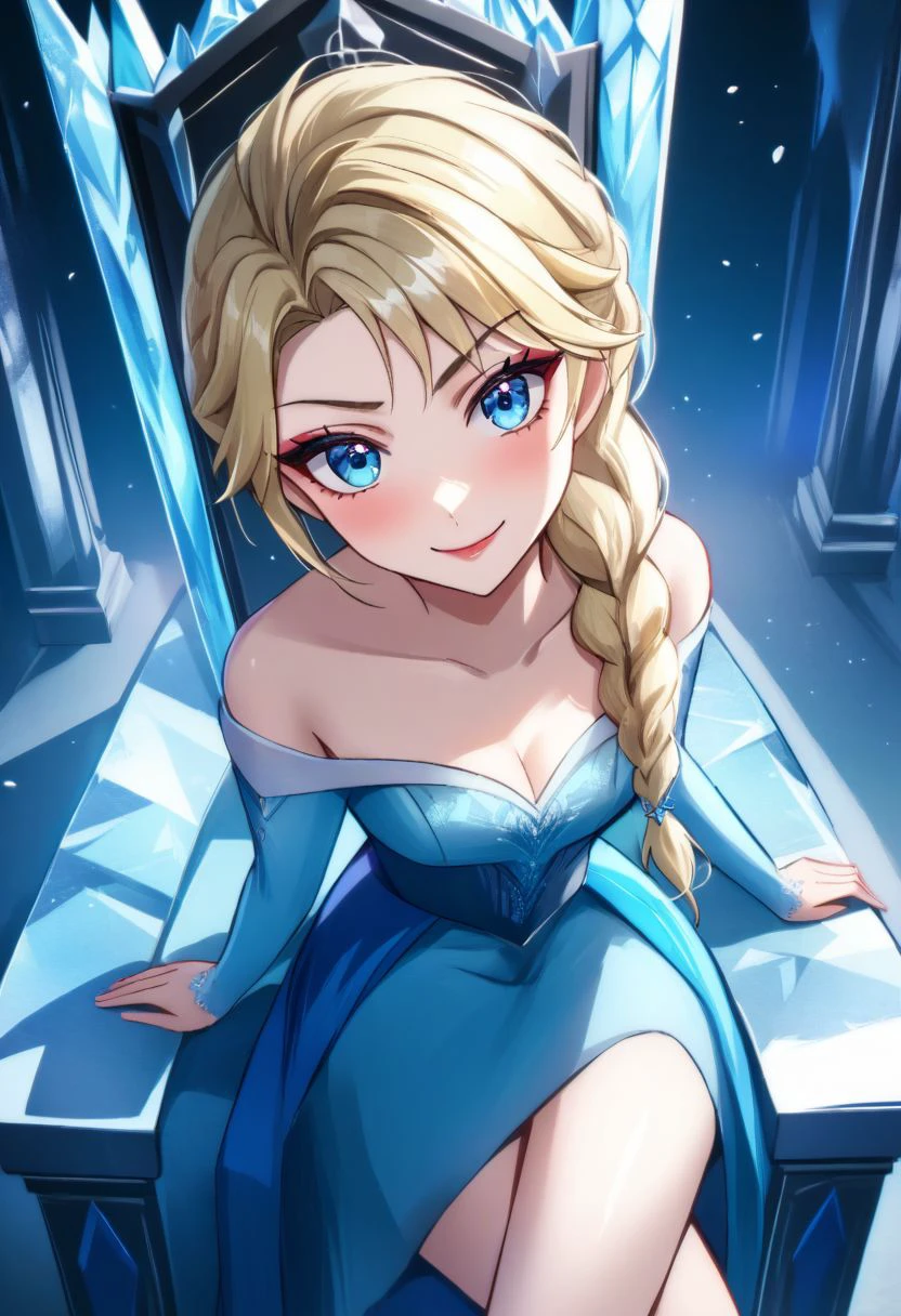 sysdeep_elsa, 1girl, Elsa, Disney, \(Frozen\)/,(ultra HD quality details), blue eyes, blonde hair, single braid, single braid over shoulder, looking_at_viewer, blue dress, bare shoulders, long sleeves, bare shoulder, cleavage, makeup, throne, sitting, crossed_legs, cleavage, confident, undermining smirk, looking from above,