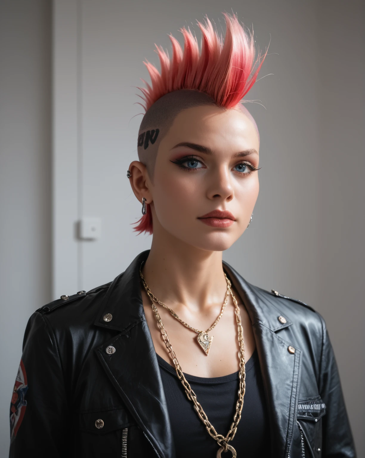 punk outfit, colored Mohawk hair, chain necklace, atmospheric, cinematic, high detail, masterpiece,, (raw,score_8_up),photo, raw,realistic