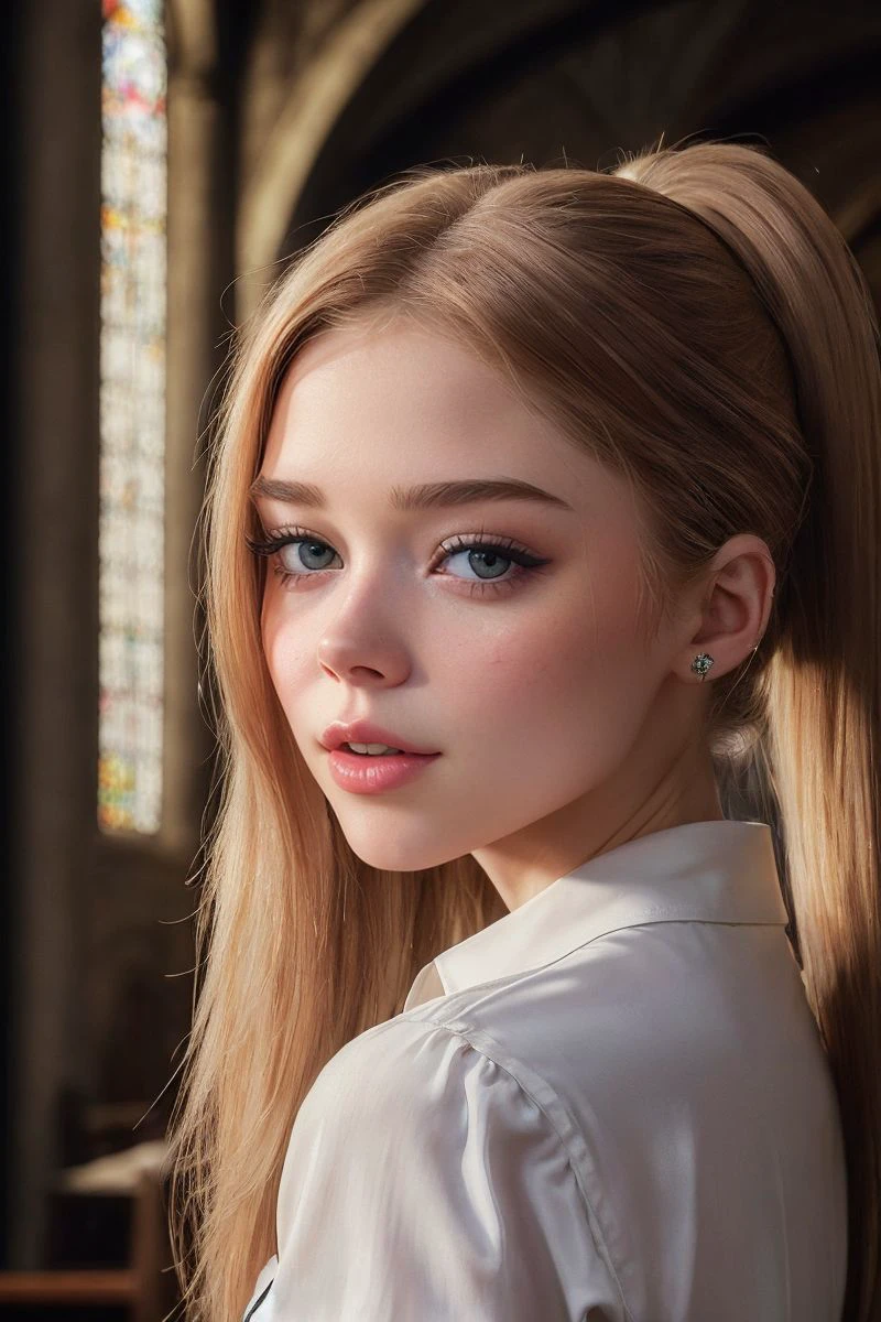 headshot of S437_LidiiaFilippova,a stylish woman,in a (church:1.1),wearing a (shirt),(ponytail),(4k, RAW photo, best quality, 50mm, depth of field, ultra high res:1.1),(intricate, photorealistic, cinematic-shot, masterpiece, ultra-detailed:1.1),