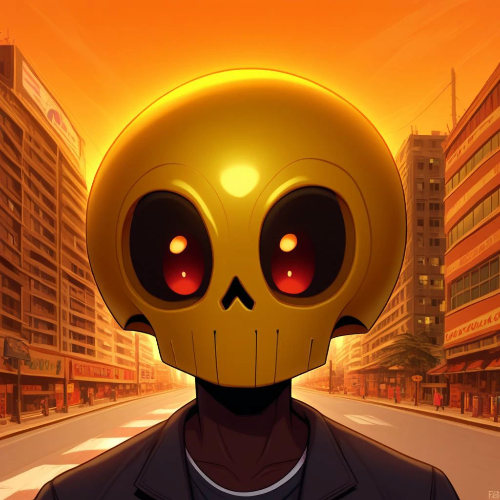 humanoid, walking in a city, close up, sclera eyes, skull face, 1boy, 1man, melanin