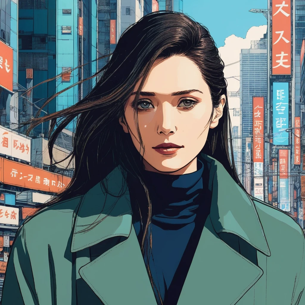 ((90s Anime style illustrattion)) drawing of a closeup on face of woman wearing a long matrix coat,futuristic city in the background, akira, 2D, elixolsen, <lora:eliolsen_juggerX_xl_8_standard_wocap_merger_lastmodel_120_04_06-elixolsen:1>