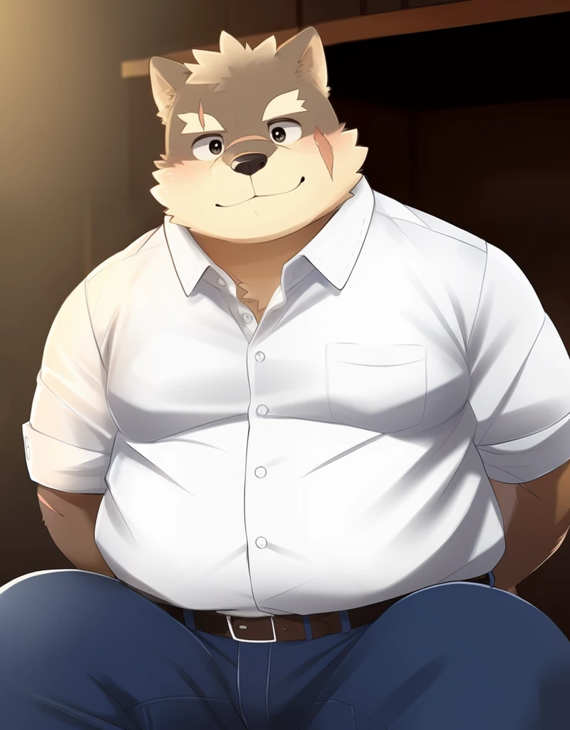 (((detailed eyes, detailed face))), (furry, moritaka <lora:character_moritaka_findigo_v1:0.9>, two-tone fur, dog boy, snout, black eyes, scar, tattoo), male, (solo), (plump, fat, chubby, overweight), ((white shirt, collared shirt), blue pants), sitting, (arms behind back), smile, (front view) BREAK (konzaburou, ukan_muri), bedroom, (flat shading, high brightness), 8k, UHD, masterpiece, (full body), (scar on face, scar on cheek, scar on chest, scar on arm, scar on nose)