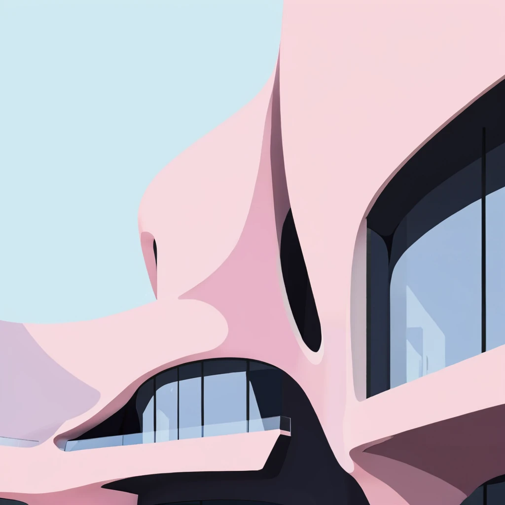 Abstract museum building, contemporary architecture design by Zaha Hadid, contemporary minimal design, modern illustration style, high-contrast color palette with bright and pastel shades, flat shade, pale colors <lora:Flat-XL:0.75> <lora:FormFinder-XL_v2:0.5>