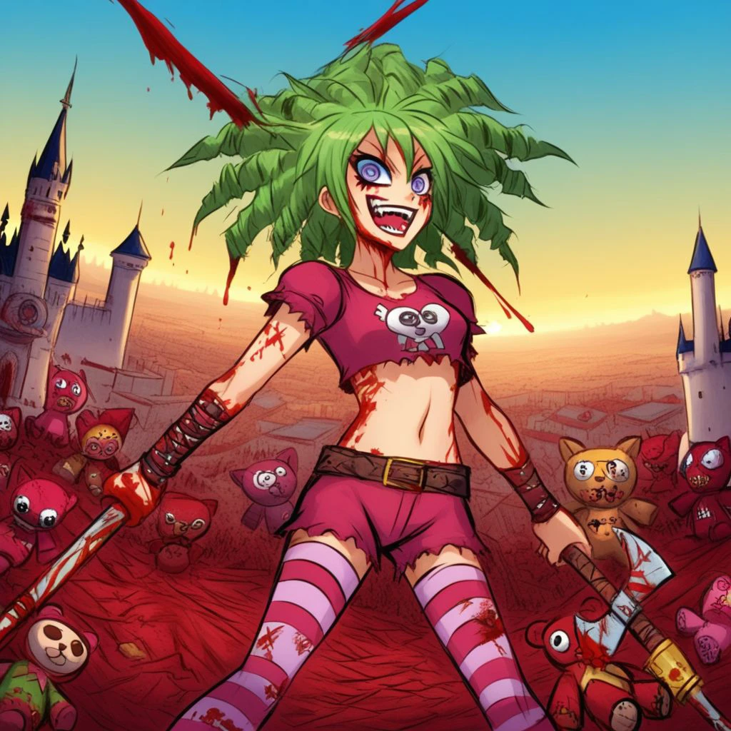 massacre, gore, crazy woman standing wielding an axe, green hair, kawaii, striped stockings, crop top, graphic novel angles, unique angle, detailed sketch, fantasy background, fantasy cityscape, castle in the distance, massacre of stuffed animals