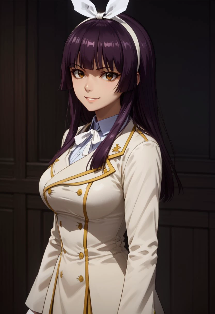 score_9, score_8_up, score_7_up, score_6_up, score_5_up, score_4_up,
masterpiece, detailed, mikazuchi, hairband, smiling, purple_hair, white_ribbon, 1girl, large_breasts, brown_eyes, dark background, night