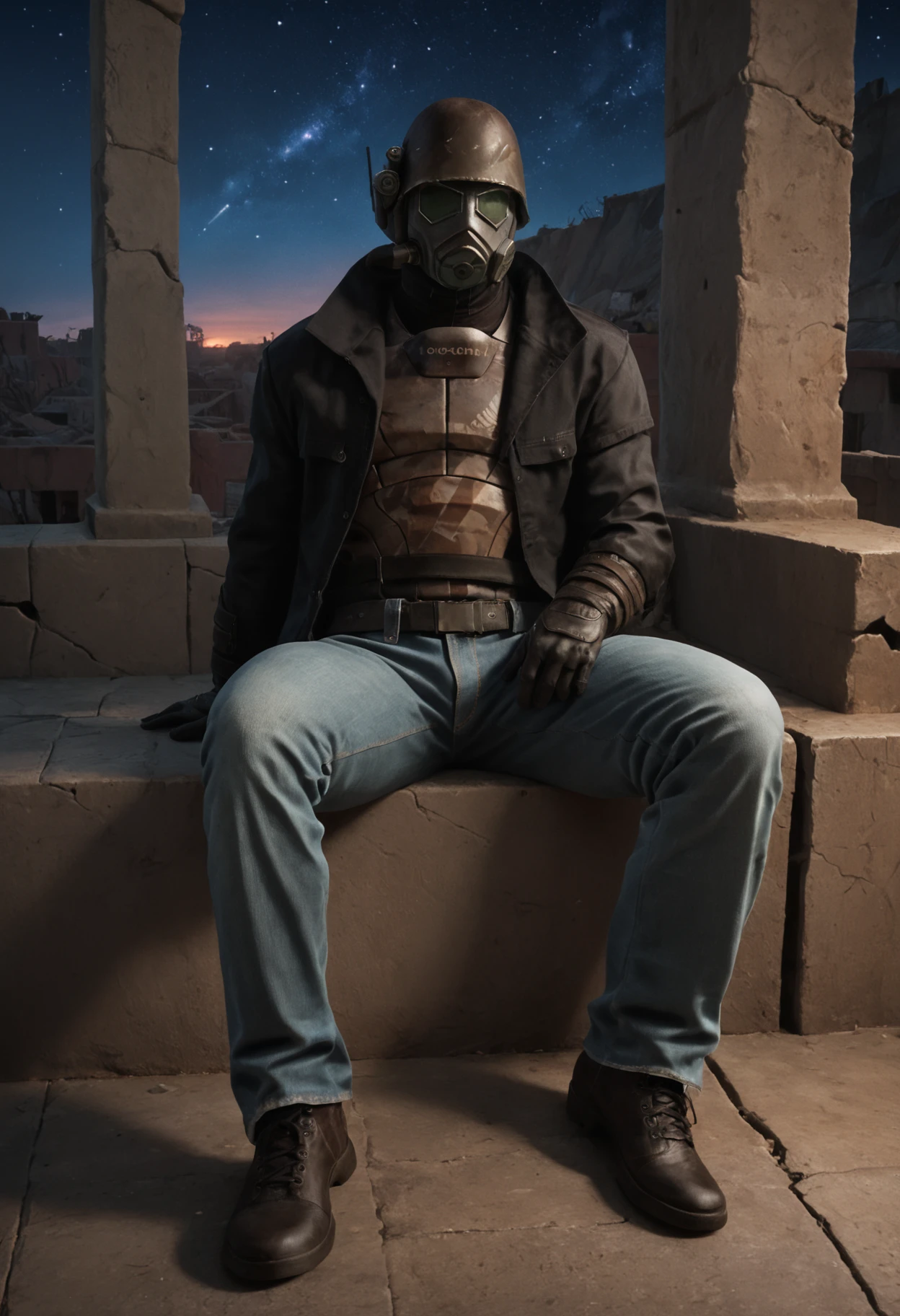 (score_9, score_8_up:1.1), score_7_up, realistic photograph
d3sertranger, helmet, 1boy, reclining male solo, (muscular), black gloves, gas mask, black jacket, jeans, full body, front view, night starry_sky sunset city ruins, <lora:desert_ranger_v1.1.6_pony:1>