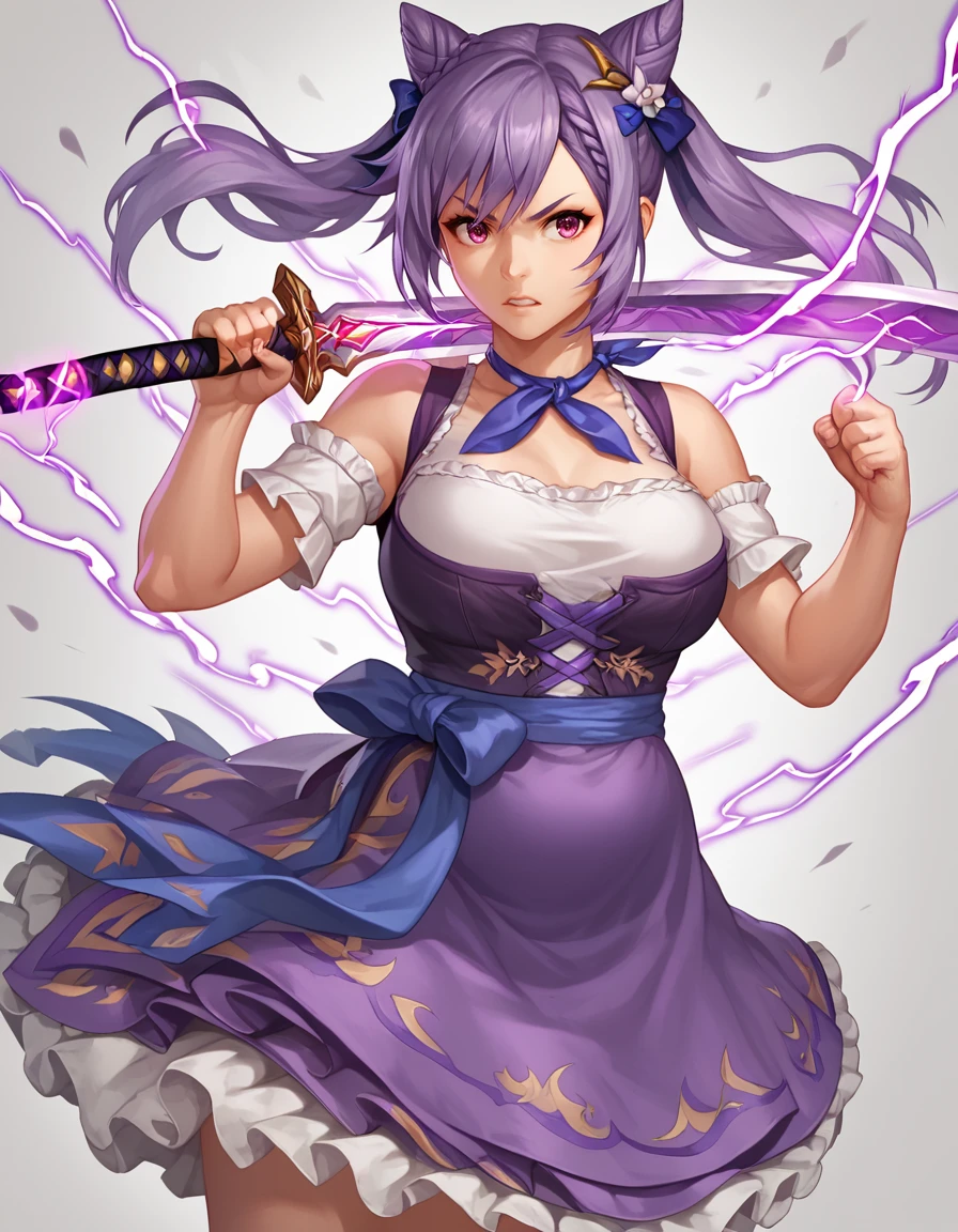 score_9, score_8_up, score_7_up,
(chubby) keqing wearing purple b4v4ri4an dirndl  dress, solo, purple hair, purple eyes,
large breasts, hair ears,
holding shiny sword,
agressive, fighting stance,
lightnings, static electricity,
 fantasy festival background
 <lora:dirndl_v2:1>