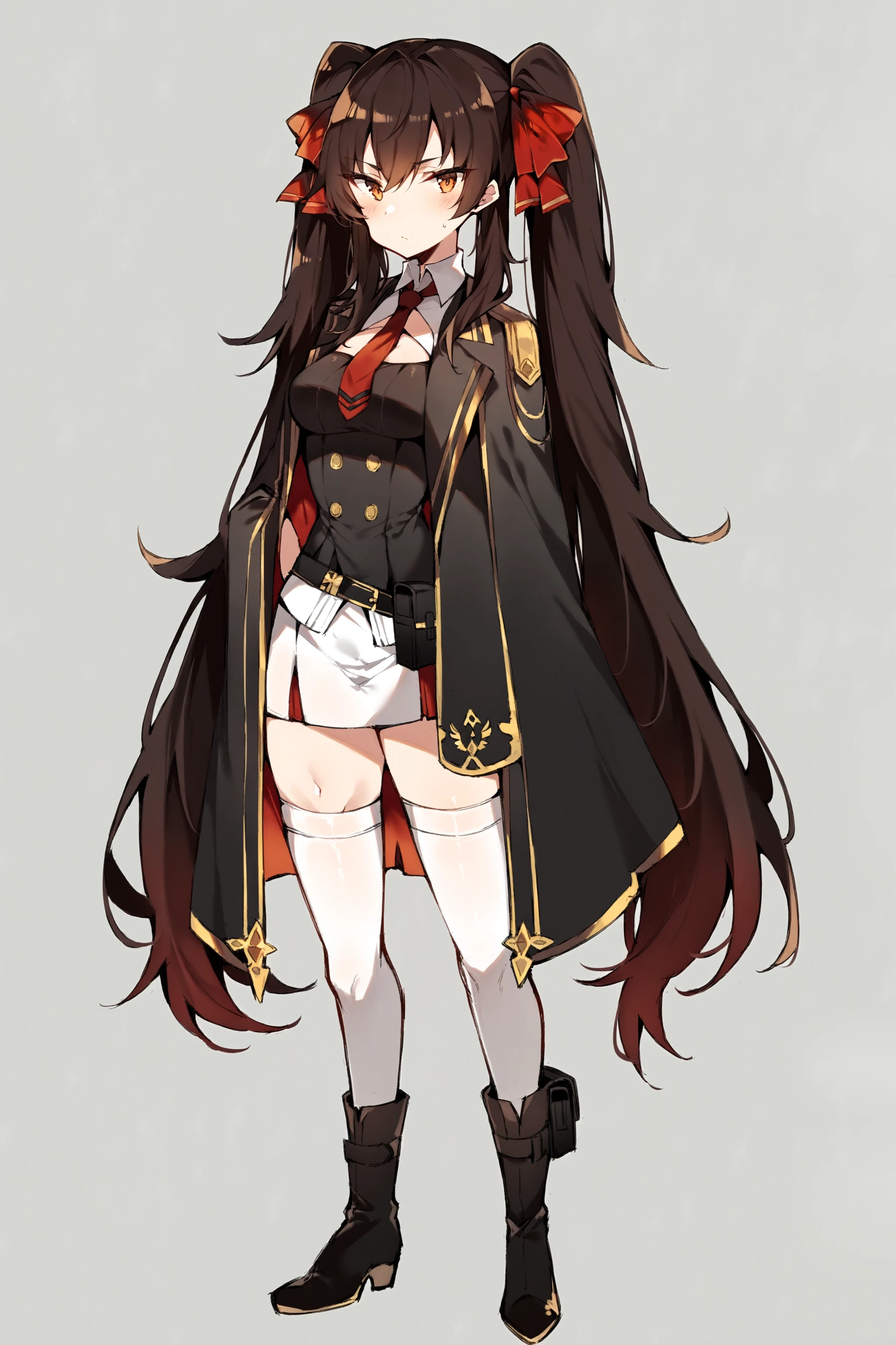 1girl, solo, type97, dark brown hair, amber eyes, twintails, long hair, red hair ribbon, black dress, black cloak, white skirt, red necktie, white thighhighs, black boots, ankle pouch, neutral expression, full body, portrait, standing, mature female, adult, <lora:Type97XL:0.9>