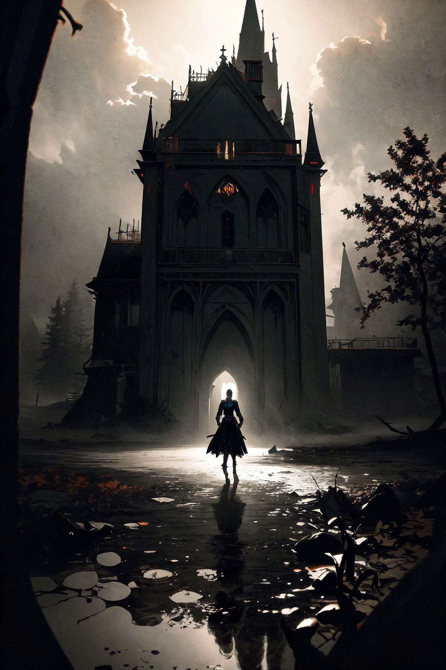 gothic style (masterpiece, best quality, hyper detailed, ultra realistic, 32k, RAW photo) rustic pond,rolling hills scattered with trees,autumn,sunset,sharp focus,intricate,detailed illustration,beautiful color palette,incredible details,high contrast,high dynamic light,perfect composition and chiaroscuro by Rembrandt,concept art,by Jarek Kubicki,by Raphael Lacoste,John Pitre,Karine Eibatova,by Ralph Blakelock,by Julie Bell,by Jim Warren,by Aleksey Savrasov . dark,mysterious,haunting,dramatic,ornate,detailed,