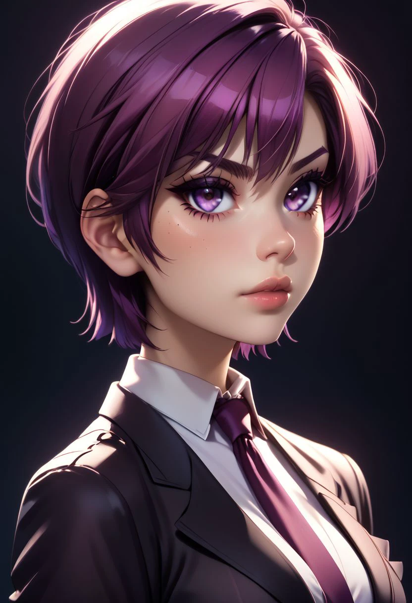 score_9, score_8_up, score_7_up, score_6_up, score_5_up, score_4_up score_9,score_8_up, digital art, upper body shot, realistic 3D illustration, zzBazett, short hair, purple eyes, purple hair, mole under eye, necktie, formal black suit,, soft lighting, contemplative expression, dark background, subtle makeup, high-resolution, detailed texture, emotional depth, dramatic mood, side profile, serene atmosphere, cinematic lighting. perfectly round breasts, big breasts, firm breasts, SkinHairDetail, eye contact