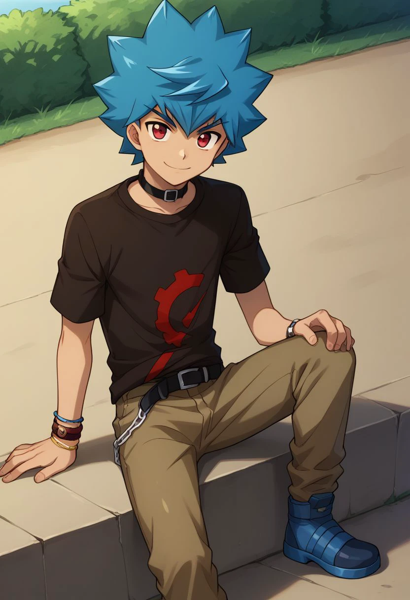 score_9, score_8_up, score_7_up, source_anime, highly detailed, 
luke, 1boy, male focus, solo, blue hair, red eyes, smile, closed mouth, spiked hair, belt, t-shirt, jewelry, shirt, printed t-shirt, black t-shirt, looking at viewer, bracelet, pants, blue shoes,
outdoor, sit,