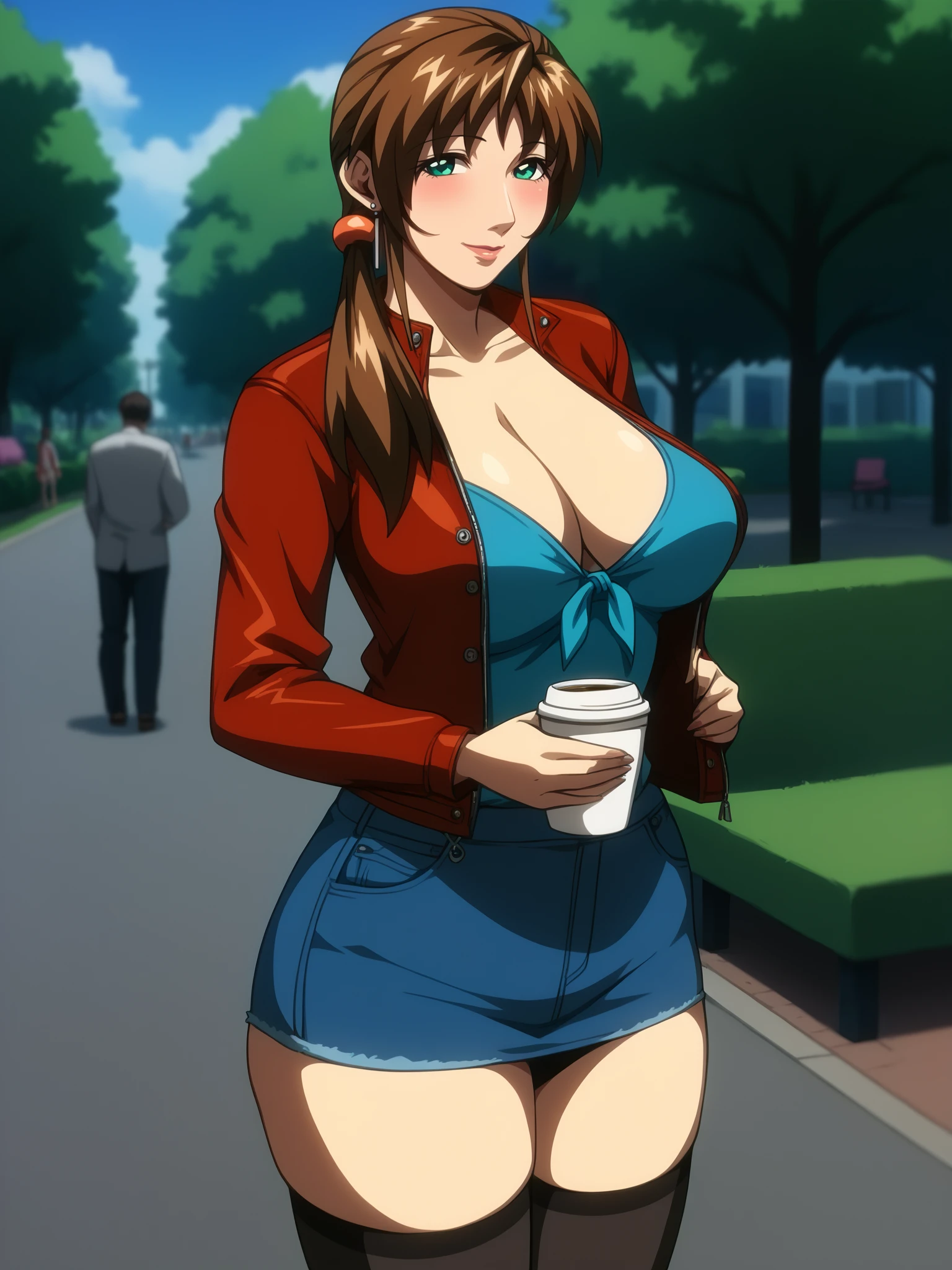 score_9, score_8_up, score_7_up, score_6_up, source_anime, uncensored, BREAK,
Imari Kurumi is standing, holding coffee cup, disposable cup,   cowboy shot,
1girl, mature female,  solo,
looking at viewer, light smile, blush, 
brown hair, sidelocks, side ponytail, green eyes, earrings, hair tie,
blue front-tie top, red jacket, open clothes, denim miniskirt, black thighhighs,
curvy, large breasts, cleavage, thighs,
outdoors, park, day, grass, tree, market stall, 
 <lora:Imari Kurumi3216PDXL:1>