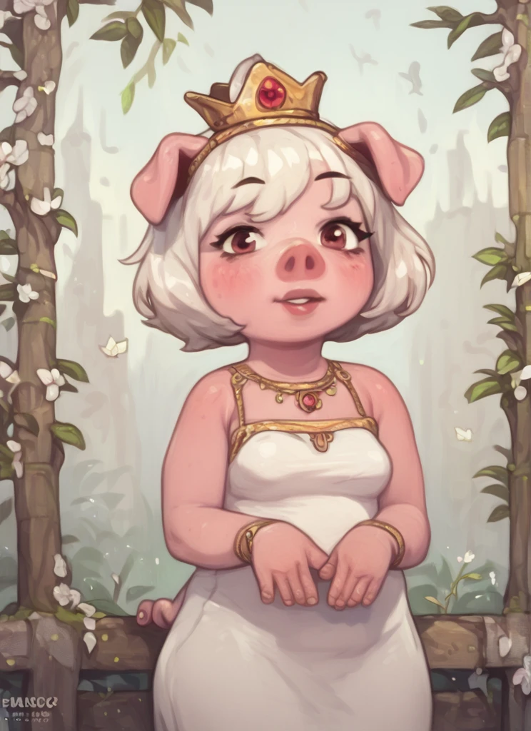 score_9, score_8_up, score_7_up, <lora:ppig_pony:0.9> 1 girl , pig nose , furry female, breasts, , white hair , solo , pig tail ,ppig, white dress, , crown ,looking at viewer, ,looking at viewer, <lora:PossumMachine:1>posmach