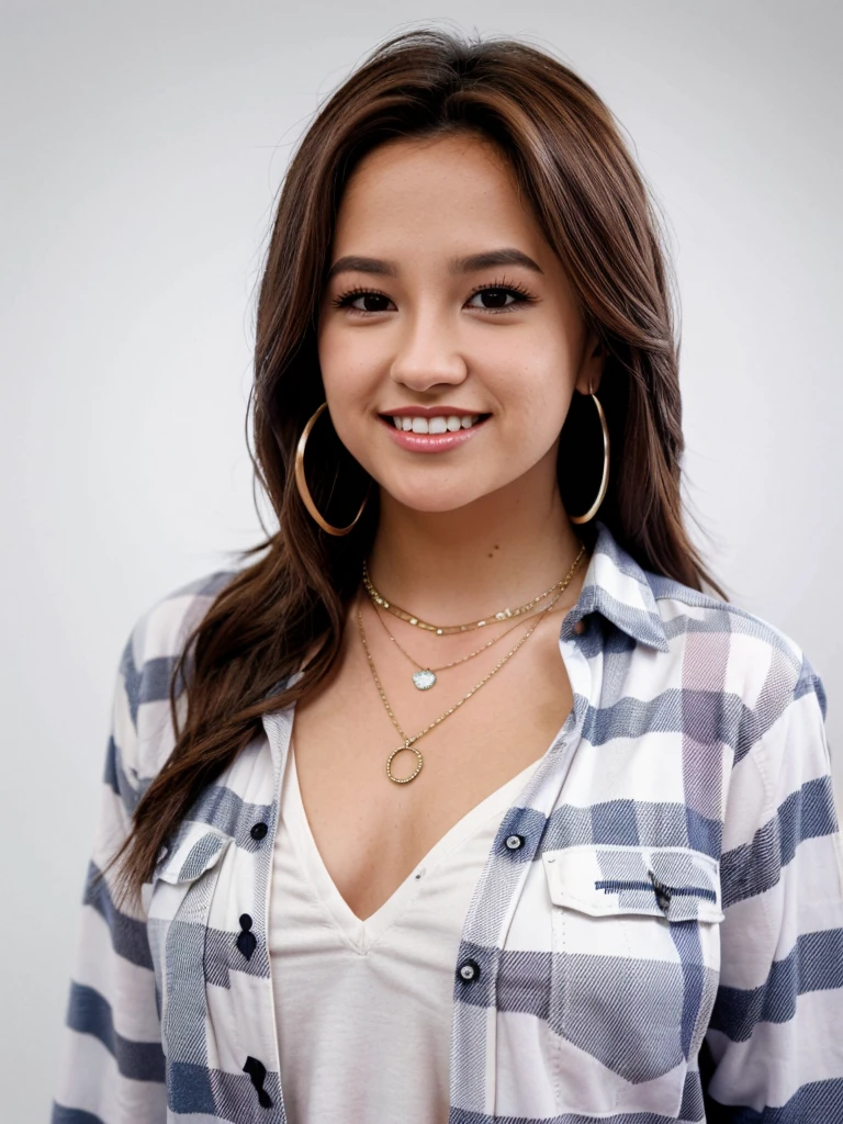 b3ckyg, 1girl, solo, long hair, looking at viewer, smile, simple background, brown hair, shirt, white background, brown eyes, jewelry, earrings, teeth, necklace, grin, plaid, traditional media, portrait, realistic, plaid shirt<lora:b3ckyg:1.0>