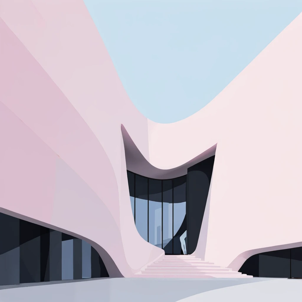 Abstract museum building, contemporary architecture design by Zaha Hadid, contemporary minimal design, modern illustration style, high-contrast color palette with bright and pastel shades, flat shade, pale colors <lora:Flat-XL:0.75> <lora:FormFinder-XL_v2:0.5>