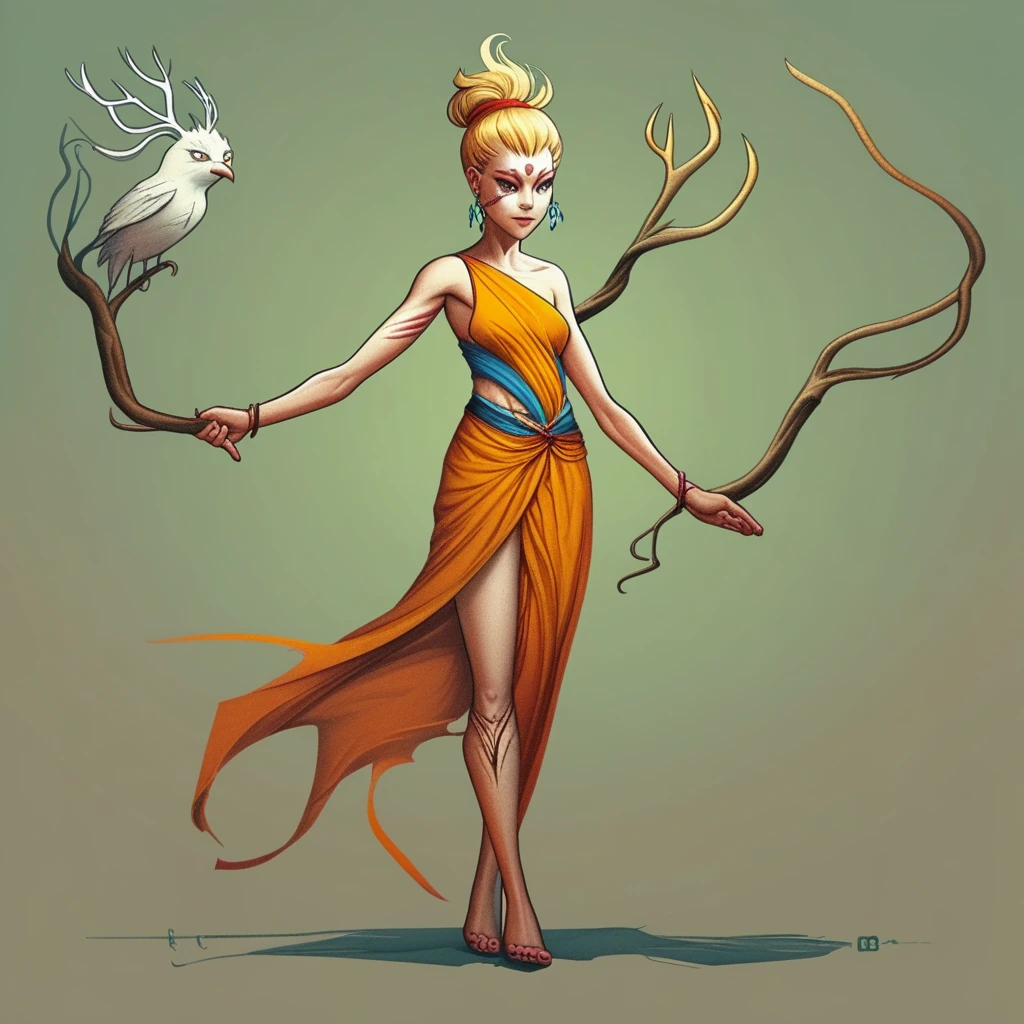 artmnk, character concept, illustration, glowing eyes, hand up, sideboob, bird on hand, branch, blonde hair, antlers, talons, sandals, pointy ears, looking at viewer