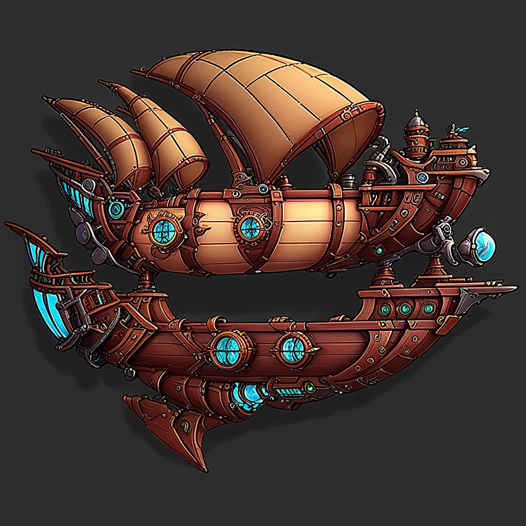 eamflyship, steampunk, fantasy, flying ship with wooden hull, large sails, portholes, best quality