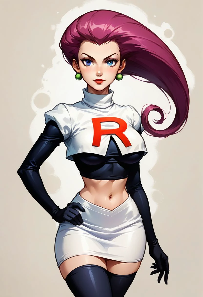 Faded Headshot, faded bottom, faded edges ,score_9,score_8_up,score_7_up,score_6_up,score_5_up, rating_safe,
1girl, jessie, \(pokemon\), (ultra HD quality details), blue eyes, hair slicked back, purple hair
earrings, 
team rocket, team rocket uniform, black gloves, elbow gloves, white skirt, crop top, thighhighs, black thighhighs, 
(skinny), firm breasts, (petite girl),  pretty girl, vivid colors, 
beautiful, centered, looking at the camera, approaching perfection, dynamic, moonlight, highly detailed, watercolor painting, artstation, concept art, smooth, sharp focus, illustration, 
large breasts,