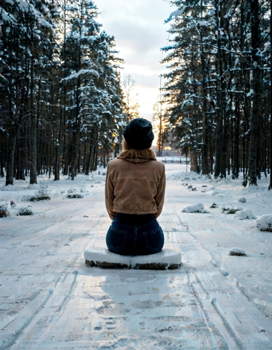 (sharp focus, 8K Resolution, golden hour, light leak, real life:1.4)shot from behind, petite gorgeous brunette white girl, (((narrow waist, insanely wide hips, insanely big ass))), straddling a rock, on a dirt path, in a SNOWY LANDSCAPE, beanie, sweater, (black spandex leggings), <lora:EnvyZoomSliderXL01:-2>, sitting on the ground in a field, topless ((snow, winter, snowflakes, trees in the distance, icey pond)) <lora:WhiteScene:0.95> whitescene, snowing, snow, snow everywhere, ice