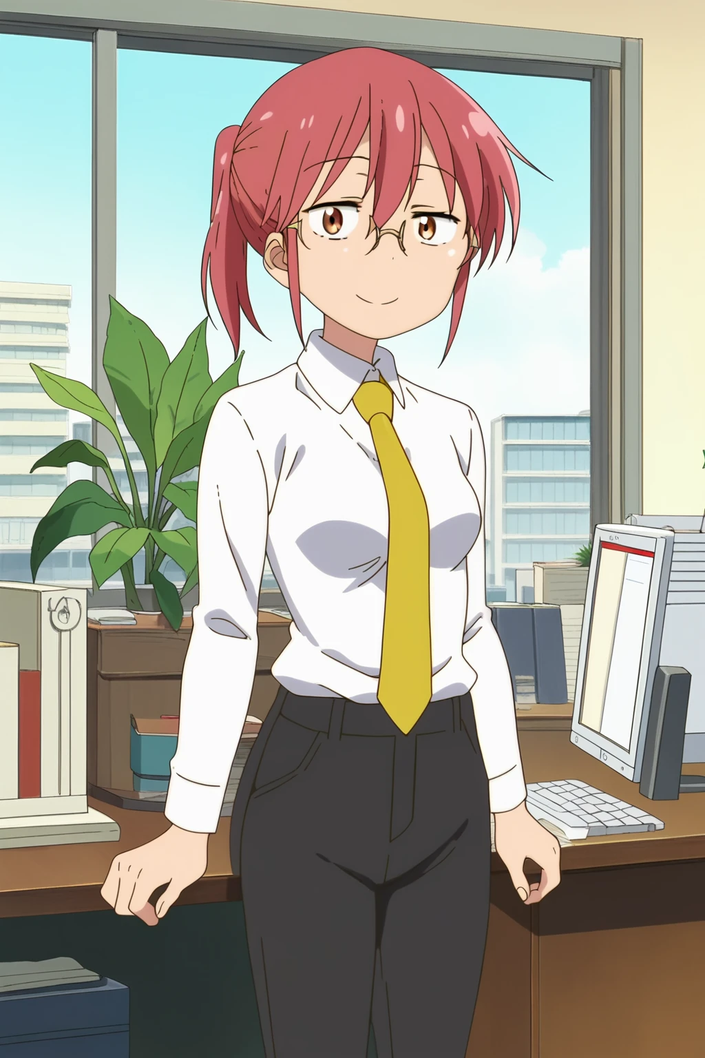 Score_9, Score_8_up, score_7_up, score_6_up, official style, anime screencap, 1girl, solo, Kobayashi, cowboy shot, black pants, small breasts, white shirt, collared shirt, yellow necktie, light smile, glasses, looking at viewer, office, desk, plant, window, city, computer, standing<lora:EMS-395096-EMS:0.800000>