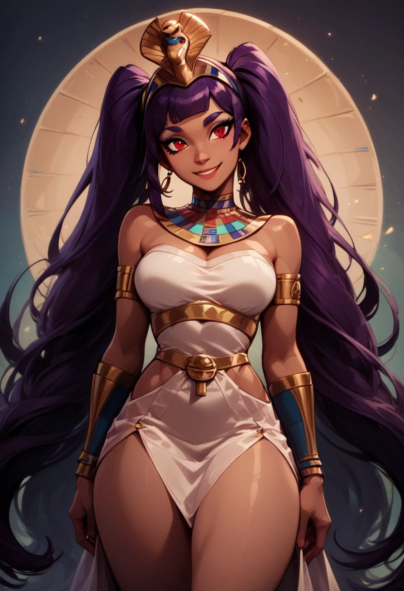 score_9, score_8_up, score_8, big breasts, (curvy), cute, eyelashes, 
 head tilt, smile
BREAK, 
zzEntrapta, red eyes, purple hair, long hair, twintails, very long hair,
white priestess outfit, 
zzEgyptian, usekh collar, gold trim, jewelry, gold, eye of horus, pharaoh's headdress, armlet, zzEgyptian, Egyptian, 
BREAK,,  zPDXL,