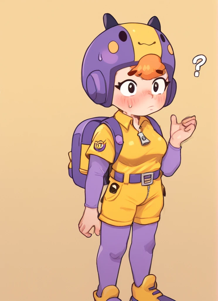 score_9, score_8_up, score_7_up,  solo , <lora:bsbea:1> 1 girl , bsbea ,orange hair , short hair ,  helmet , yellow shirt  ,purple sleeves, belt , zipper, fringe ,  long stockings ,yellow shorts  <lora:PossumMachine:1>posmach , full body,  ,medium breasts , confused, blush, backpack,  sweat,