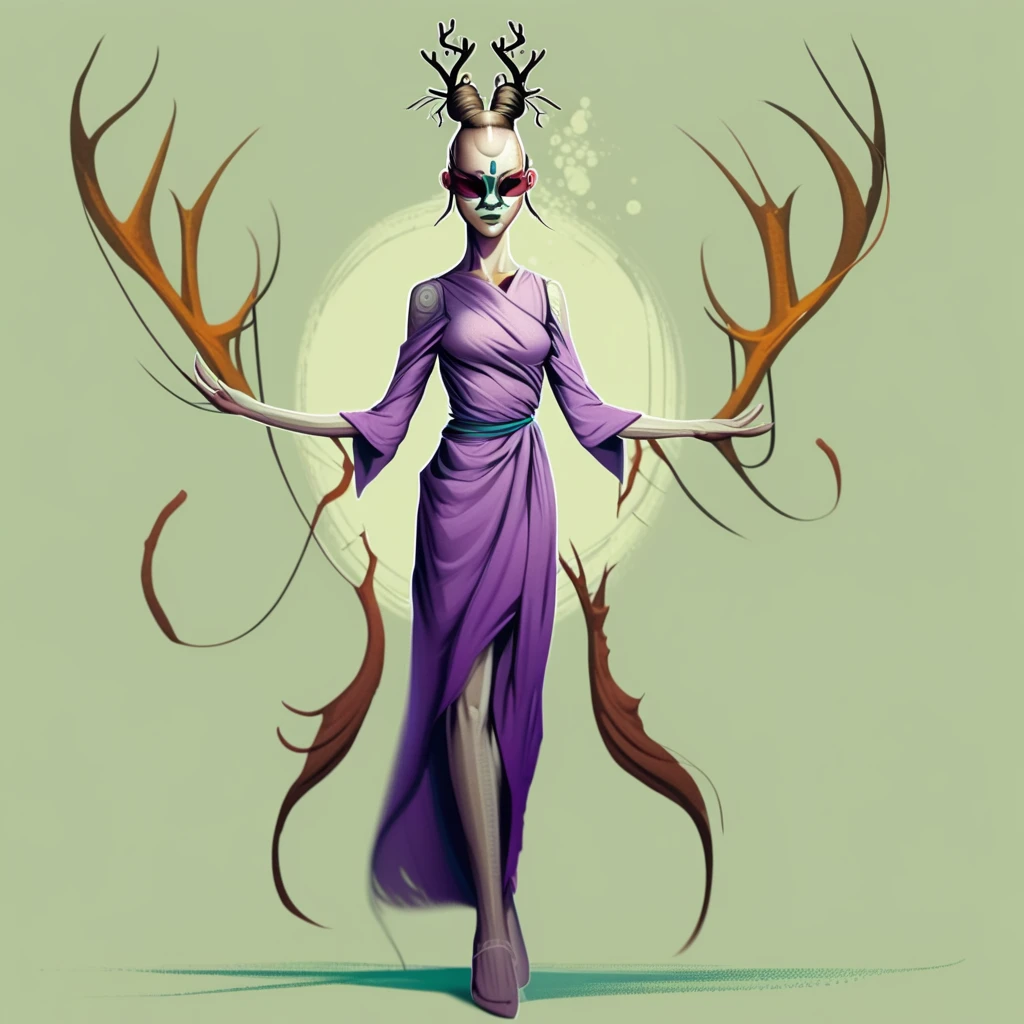 artmnk, character concept, illustration, long hair, bald, nail polish, colored skin, robe, purple eyes, mask, antlers, full body, single hair bun, topknot