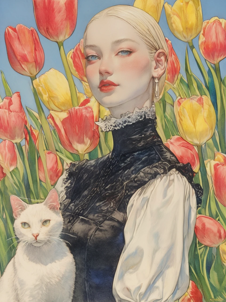 A person with blonde hair tied back,wearing a black and white outfit with a high lace collar,stands among pink tulips. They are accompanied by a white cat with blue eyes. The backdrop is a bright blue sky,enhancing the vibrant colors of the tulips and their outfit,
ddpapa,<lora:Detail_Adamov_V1:0.7>,, masterpiece, best quality,