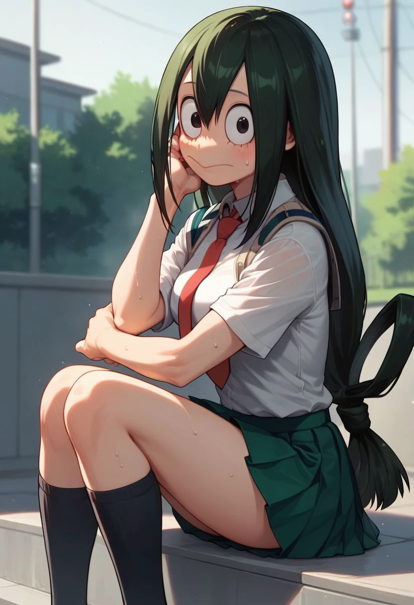 score_9,score_8_up,score_7_up, 
1girl, Tsuyu Asui, \(My Hero Academia\)/,(ultra HD quality details), long hair, black hair, black eyes, low-tied long hair, hair rings,
skirt, shirt, school uniform, white shirt, short sleeves, pleated skirt, necktie, socks, collared shirt, kneehighs, red necktie, black socks, u.a. school uniform,
solo, outdoors, depth of field, blushing, on a date, beautiful, skin tight, tank top, short shorts, sweat,