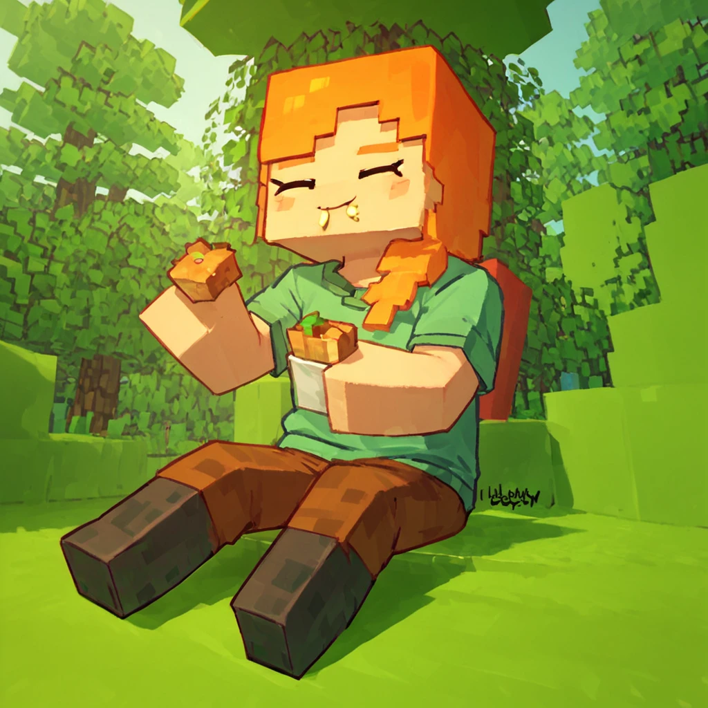 score_9, score_8_up, score_7_up, score_6_up, score_5_up, score_4_up, source_anime,  mcAlex, minecraft, orange hair, forest, happy, sitting, eating