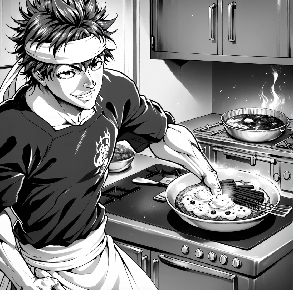score_9, score_8_up, score_7_up, score_6_up, score_5_up, score_4_up,
<lora:Itagaki_Style:0.8>,itagakisty1e, monochrome, greyscale, style parody, BREAK
<lora:souma_yukihira_pony:0.7>, in kitchen, souma_yukihira, male focus, solo, shirt, headband, smile, apron, action lines, cooking, food