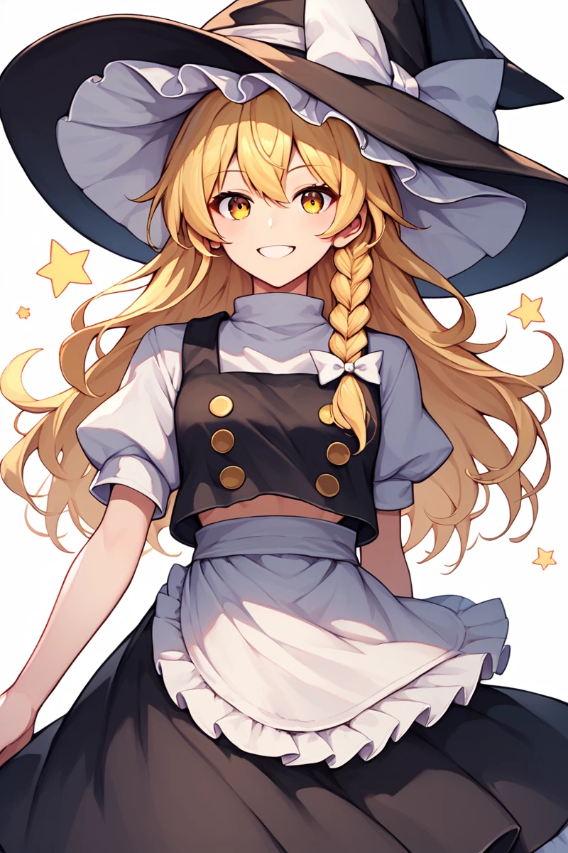 score_9, score_8_up, score_8, score_9, 1 girl,  source_anime, <lora:kirisame_marisa_pony-10:1> kirisame marisa,  blonde hair, yellow eyes, single braid, witch hat, white ribbon, black skirt, black shirt, short sleeves, waist apron, smile, [star \(symbol\)], cowboy shot, white sleeves