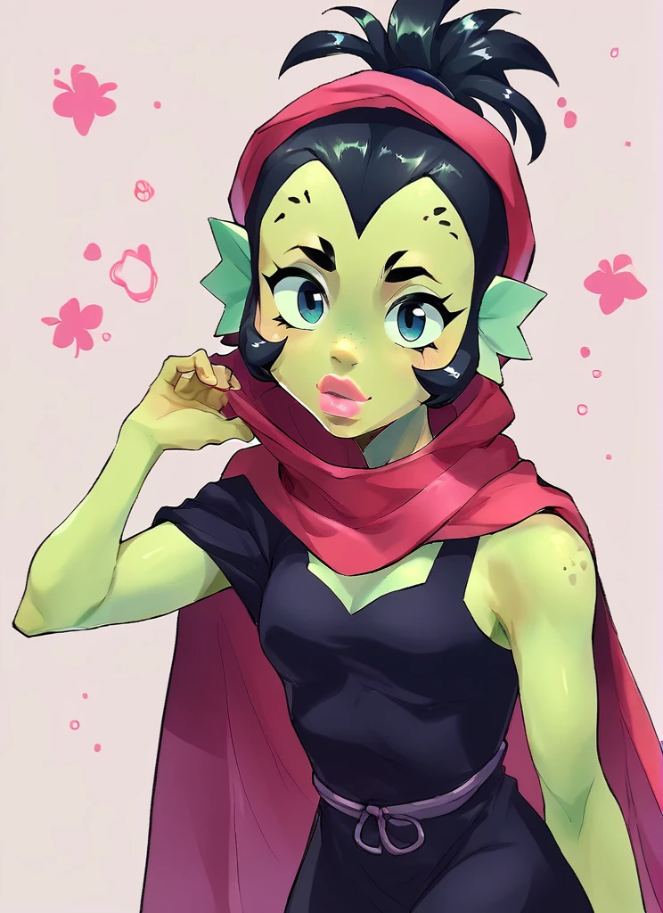 score_9, score_8_up, score_7_up,  <lora:bswillow:1>swillow , 1girl, solo , red scarf, green skin  ,cape, ,black dress, black hair,    ,looking at viewer,  ,pink lips,  <lora:Navier_Haruka_2T_Artist_Style_PonyXL:1>